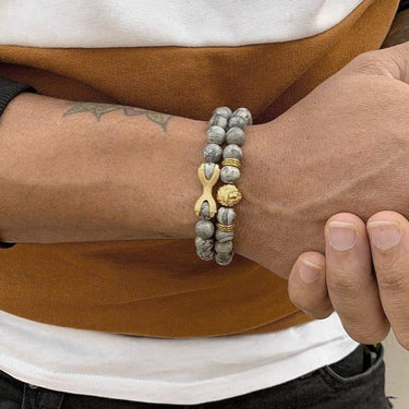 Man Bracelets - Men’s Beaded Bracelets - Gold Lion & Grey Stones Set - gold bracelet for man Bracelet Brother & Sisters